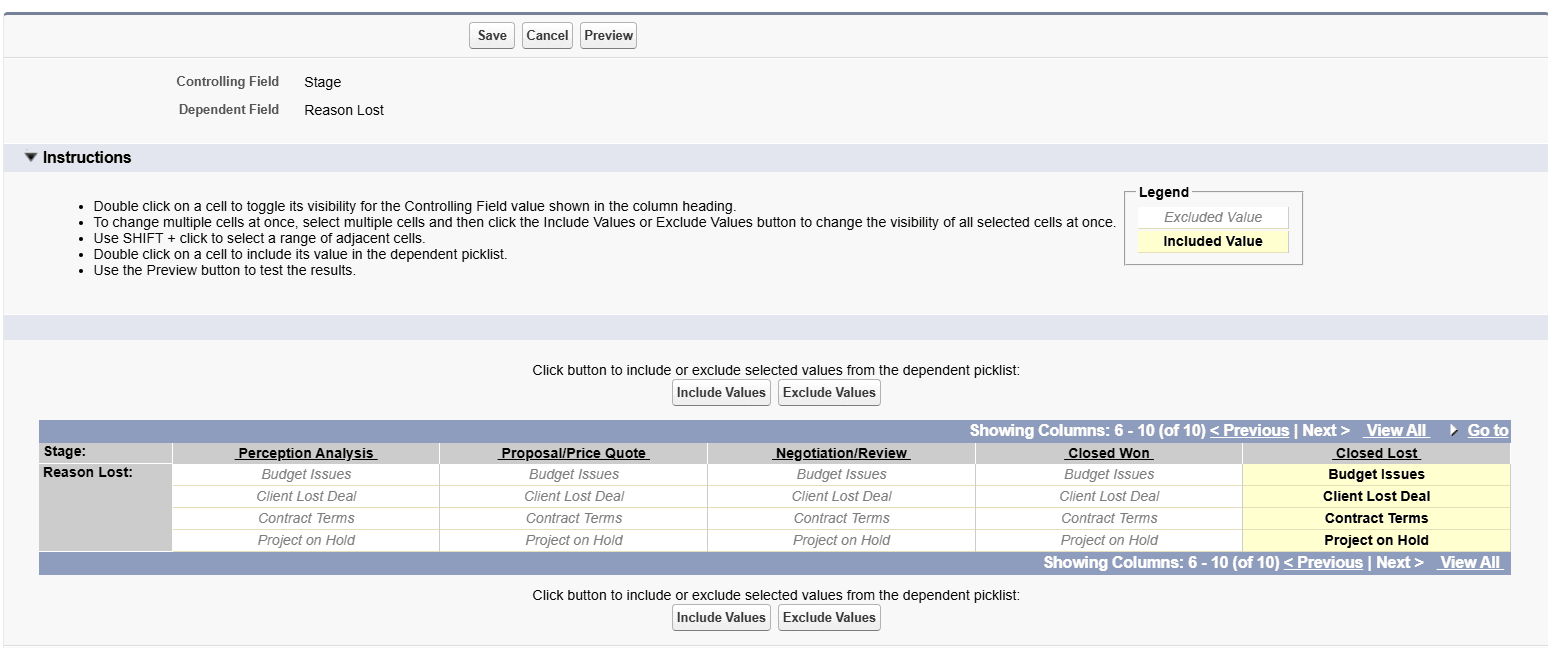 A screenshot of a Salesforce field dependency setting ensuring that 'Reason Lost' must be entered on a 'Closed Lost' opportunity.