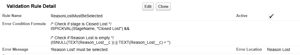 A screenshot of a Salesforce validation rule ensuring that 'Reason Lost' is always selected on a 'Closed Won' opportunity.